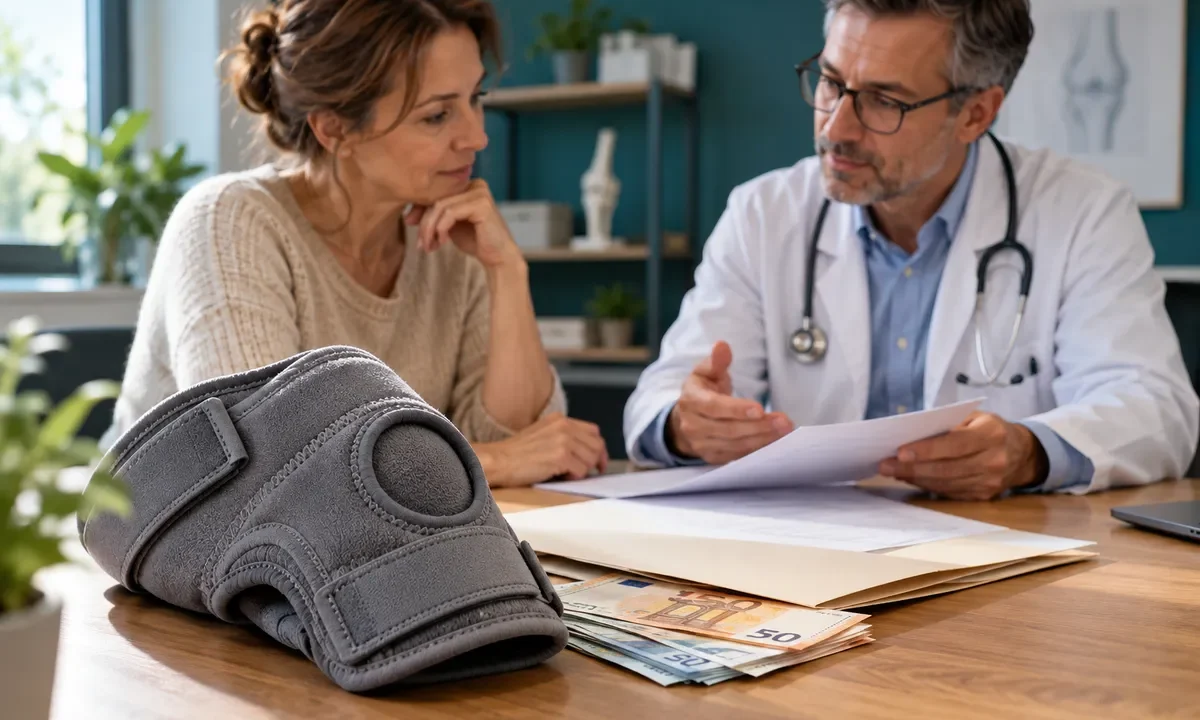 Une genouillère souple et un dossier sur un bureau de consultation, avec une patiente et un médecin en discussion.