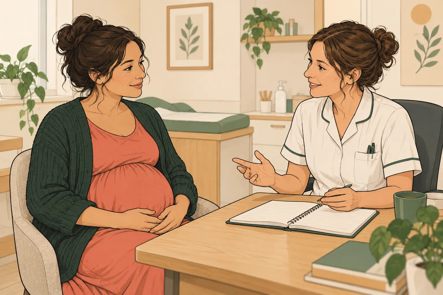 Une femme enceinte et une sage-femme discutent autour d’un carnet pendant une consultation.