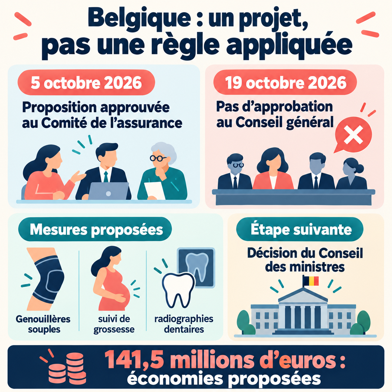 Chronologie du projet belge de budget des soins pour 2027 et distinction entre propositions et décision.