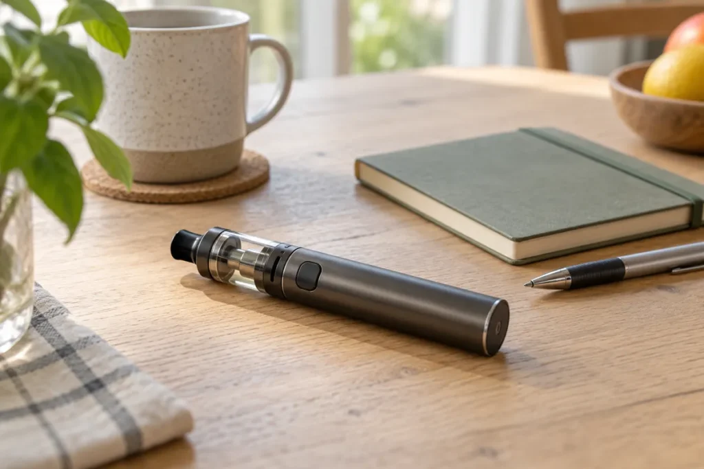 Une cigarette électronique posée sur une table en bois, près d’un carnet et d’un stylo.