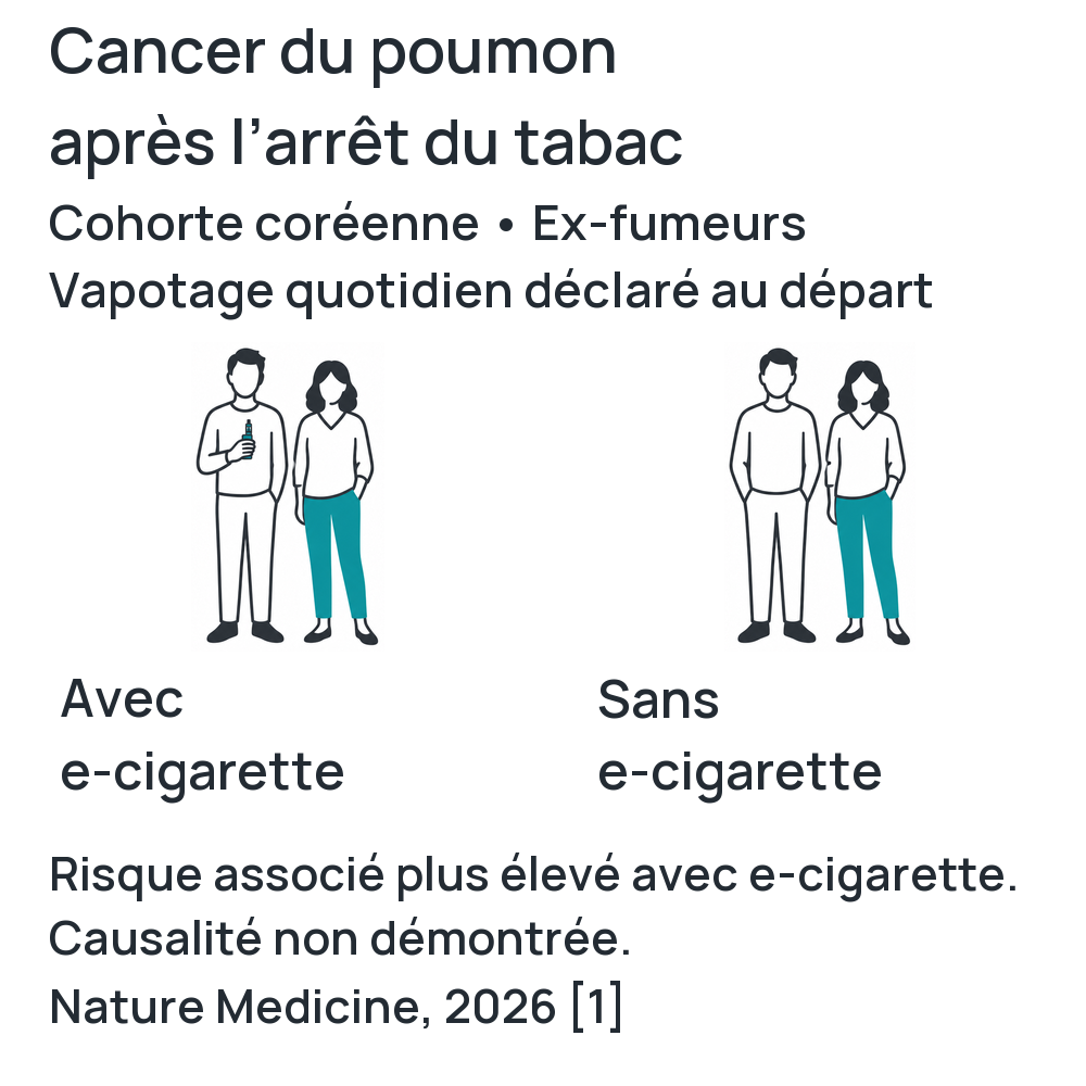 Cohorte coréenne : chez des ex-fumeurs, l’e-cigarette utilisée quotidiennement selon leur déclaration au début du suivi est associée à un risque de cancer du poumon plus élevé que chez des ex-fumeurs sans e-cigarette, sans causalité démontrée.