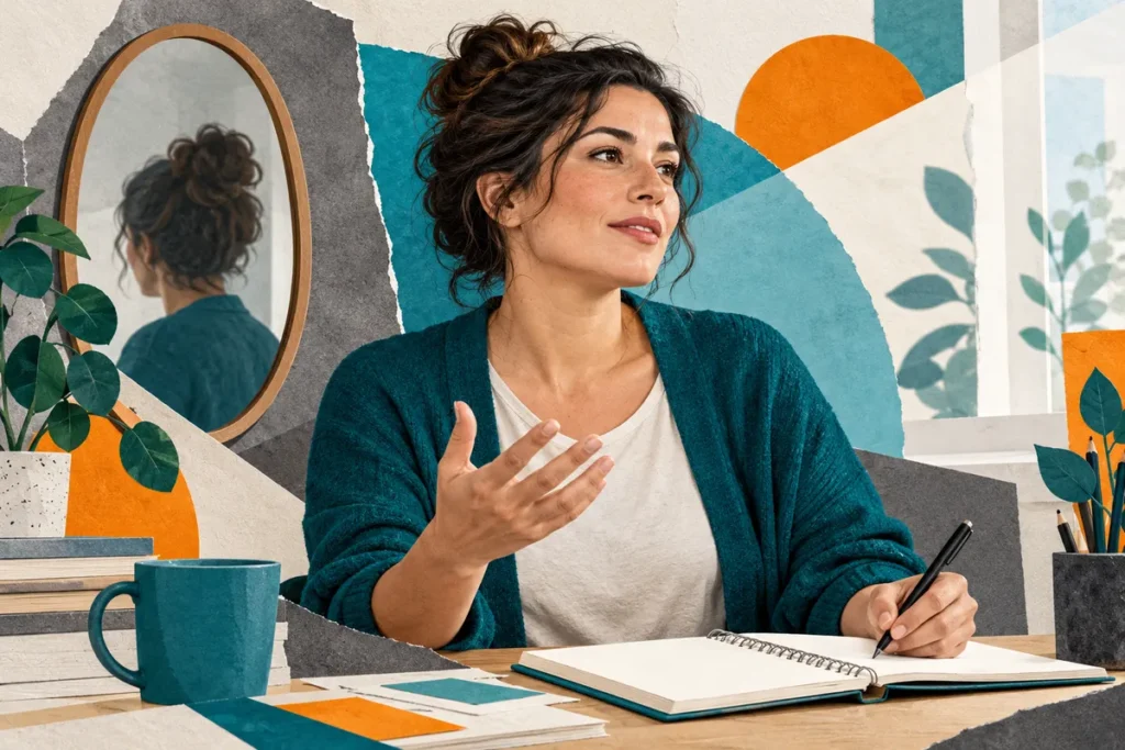 Collage éditorial représentant une femme adulte près d’un miroir, un carnet ouvert à la main, prête à prendre la parole.