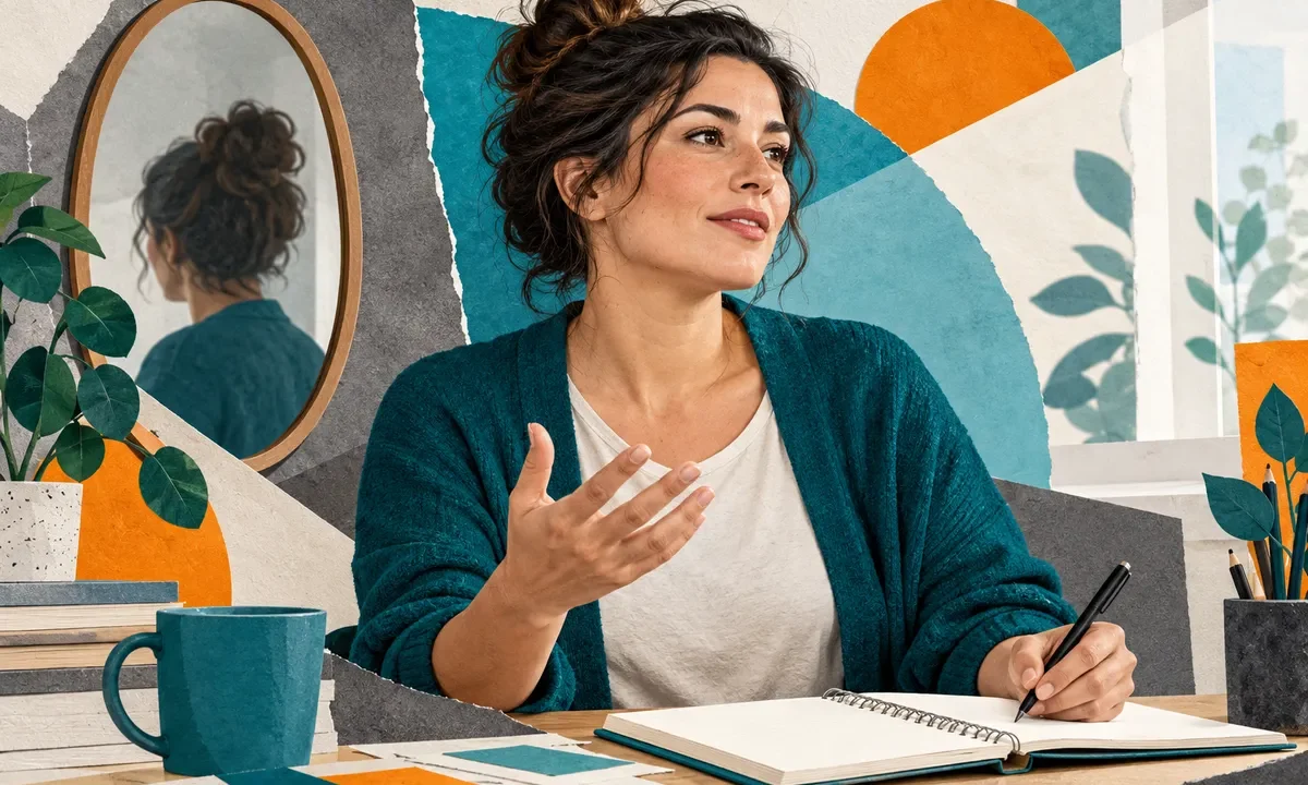 Collage éditorial représentant une femme adulte près d’un miroir, un carnet ouvert à la main, prête à prendre la parole.