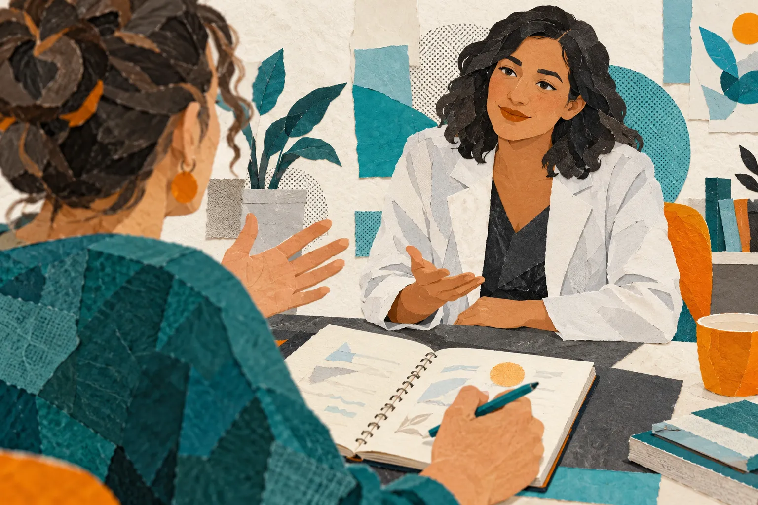 Collage illustrant une patiente qui s’appuie sur son carnet pour échanger avec une soignante en consultation.