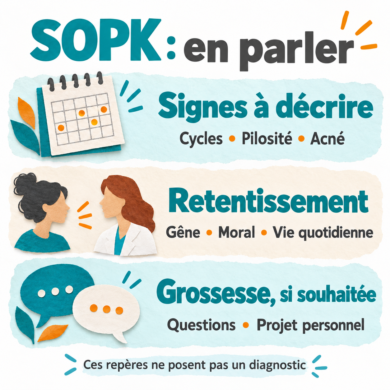 Trois sujets à préparer pour une consultation liée au SOPK : les signes à décrire, leur retentissement et les questions sur une grossesse si elle est souhaitée.
