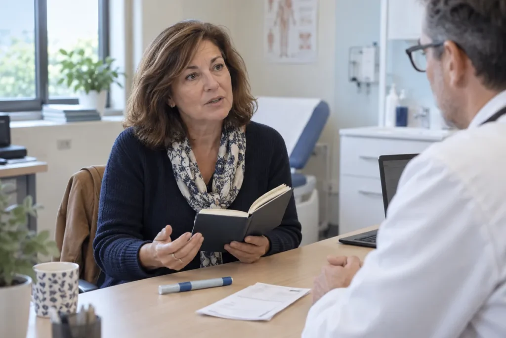 Une patiente échange avec un médecin, carnet ouvert et stylo injectable posé sur la table.
