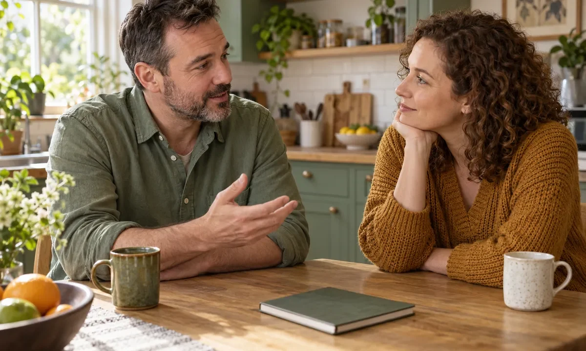 Un homme adulte et une proche échangent à une table de cuisine lumineuse, avec un agenda fermé.