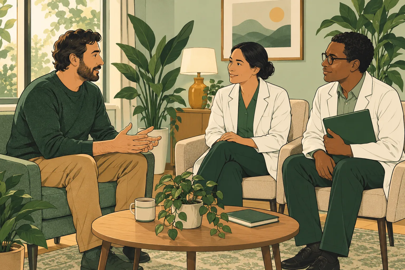 Illustration d’un homme adulte en échange avec deux membres d’une équipe soignante autour d’un dossier fermé.