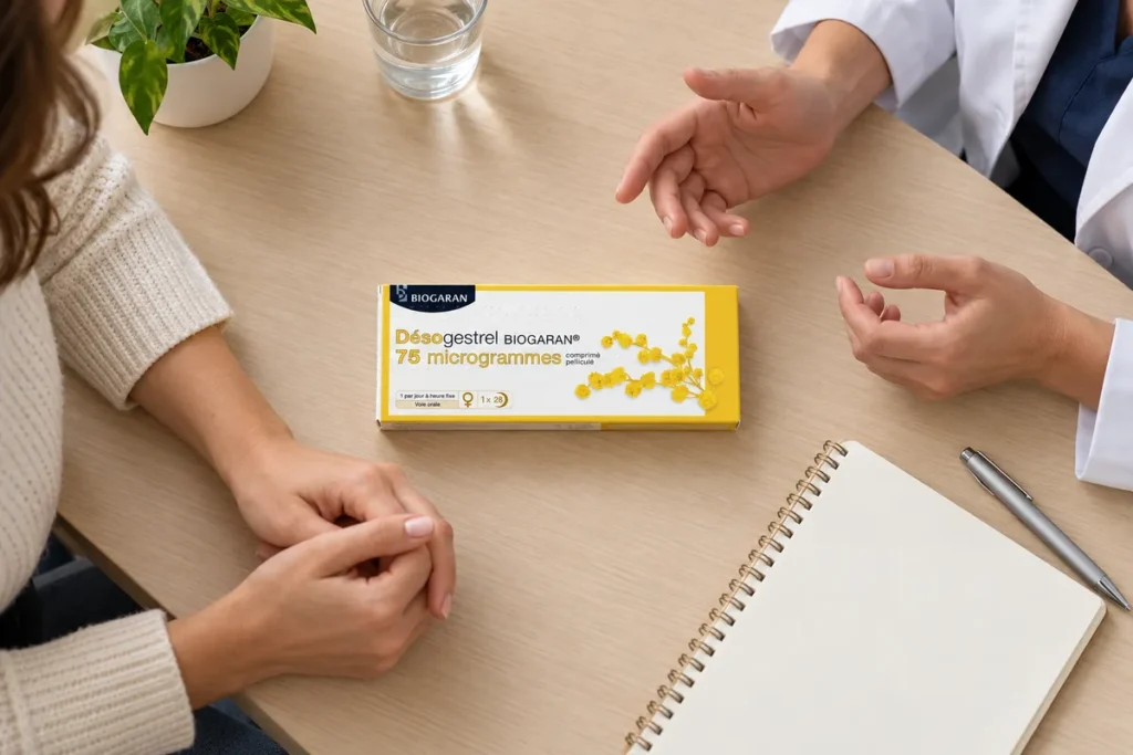 Vue plongeante sur une table de consultation, avec une boîte de Désogestrel Biogaran 75 microgrammes au centre des mains de deux femmes.
