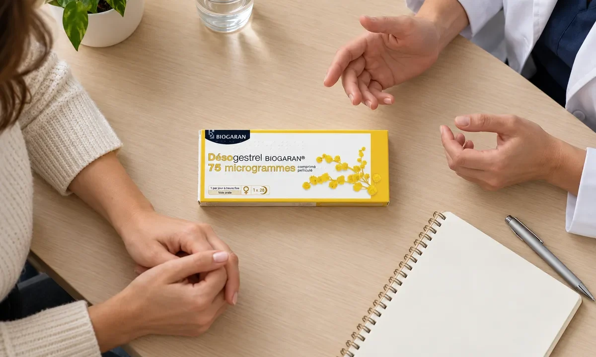 Vue plongeante sur une table de consultation, avec une boîte de Désogestrel Biogaran 75 microgrammes au centre des mains de deux femmes.