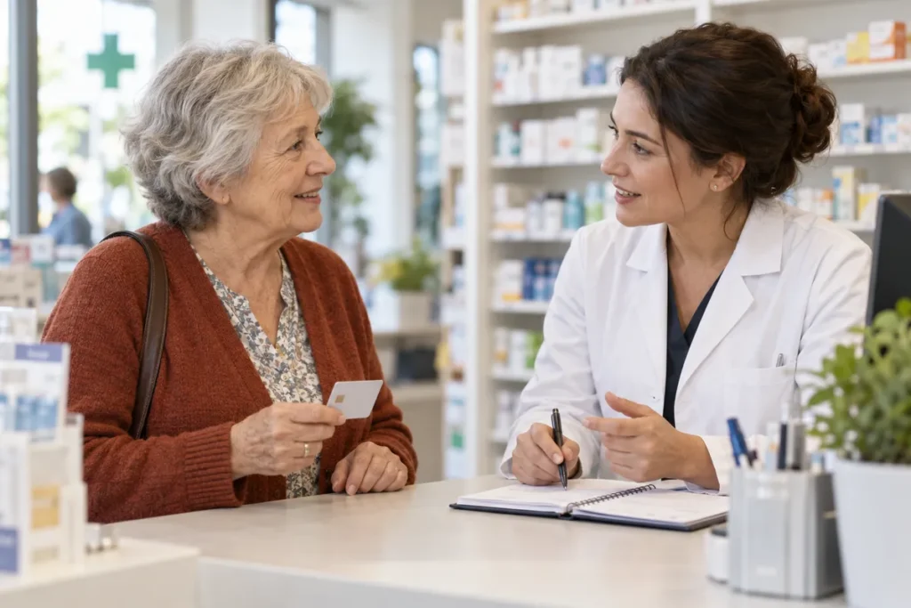 Une femme âgée échange avec une professionnelle en blouse blanche au comptoir d’une pharmacie, une petite carte à la main.