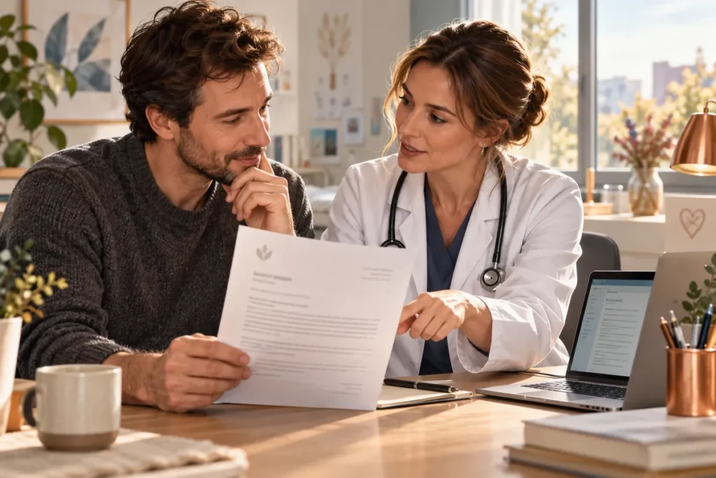 Un parent et une professionnelle de santé échangent autour d’une lettre explicative dans un cadre hospitalier.