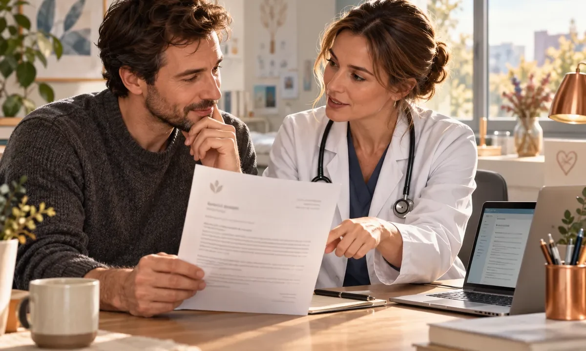 Un parent et une professionnelle de santé échangent autour d’une lettre explicative dans un cadre hospitalier.