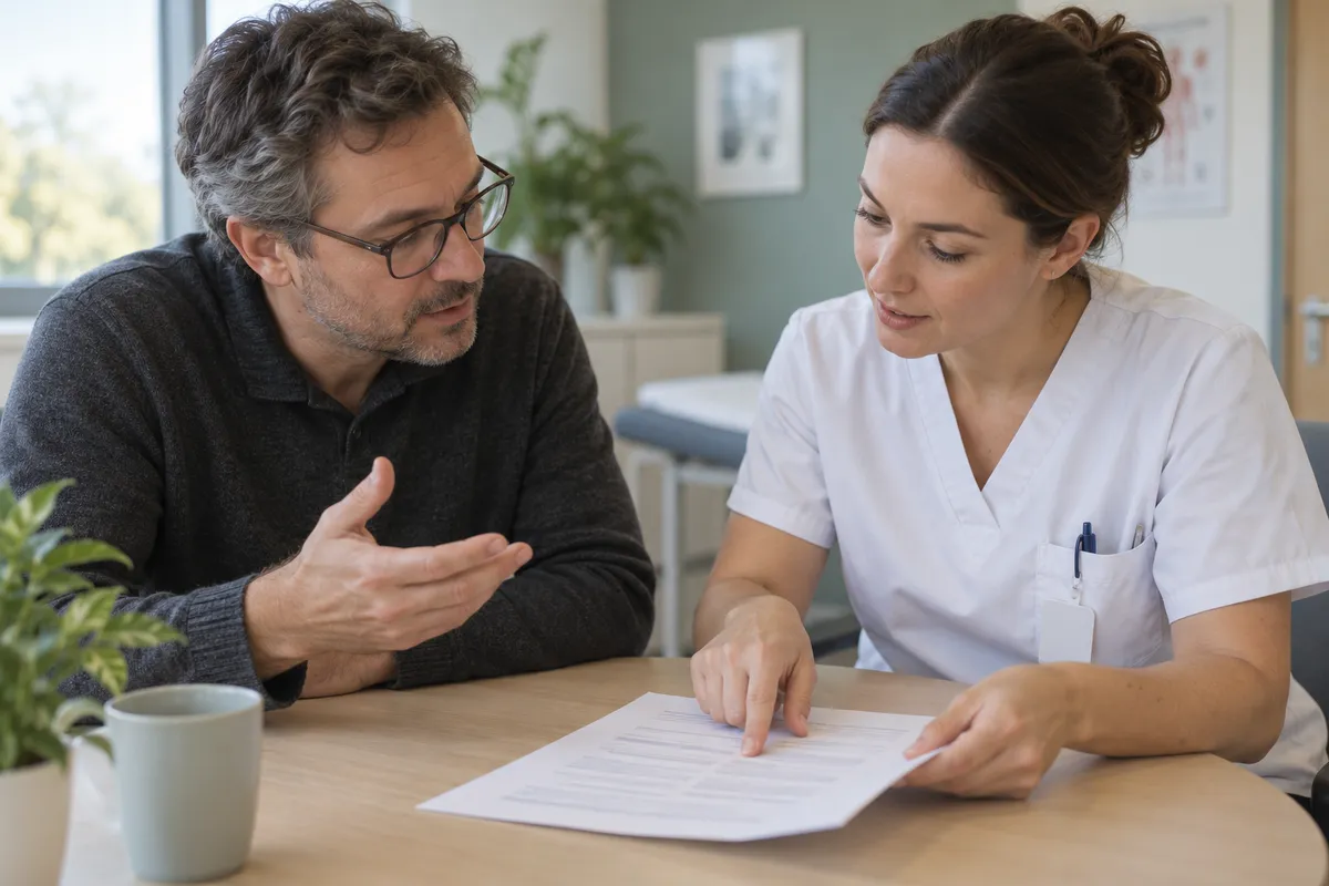Un adulte et une professionnelle de santé examinent ensemble une feuille de consignes dans un espace de consultation.