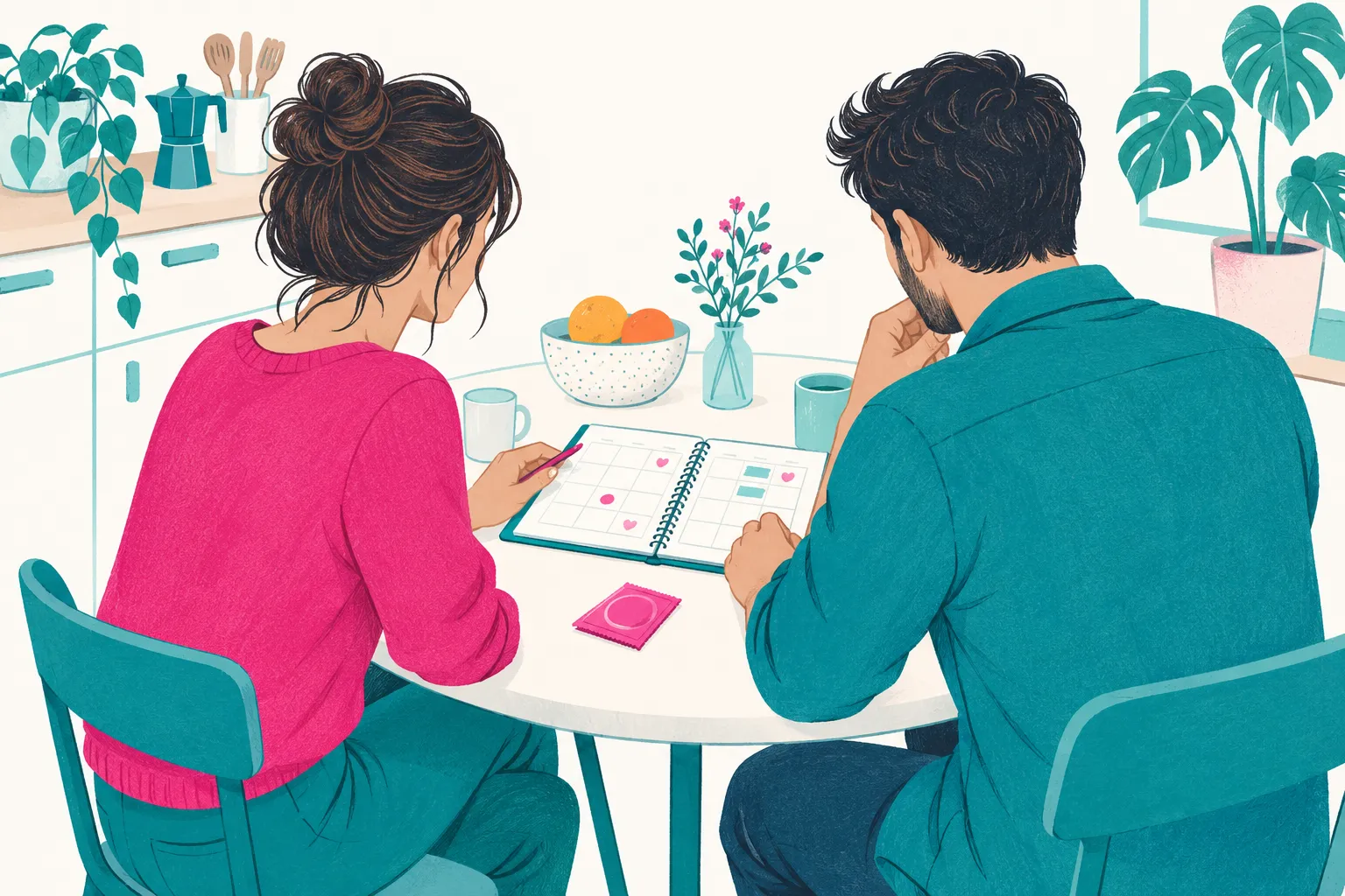 Illustration de deux adultes discutant côte à côte devant un agenda sur une table.