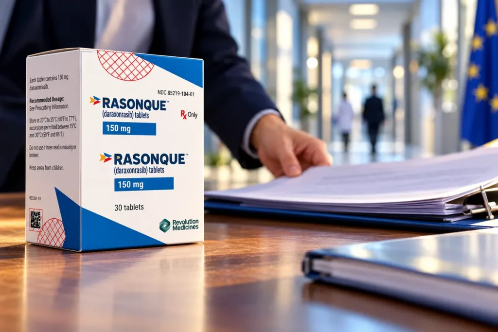 Boîte de médicament et dossier dans une mise en scène du parcours institutionnel.