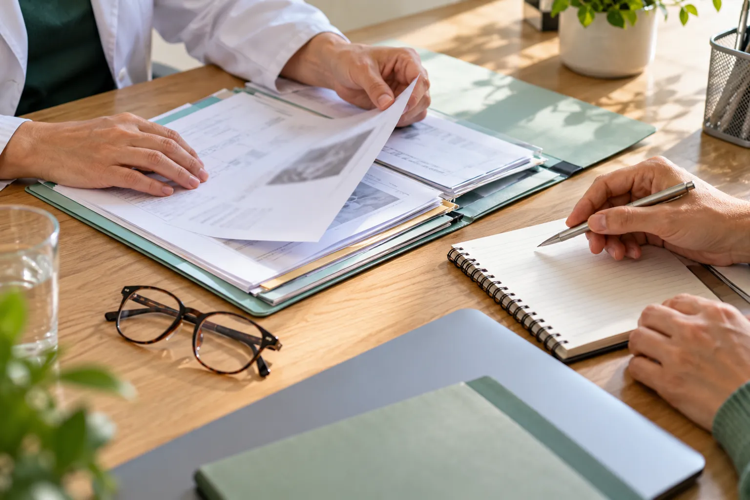 Mise en scène de documents médicaux examinés autour d’une table de consultation.