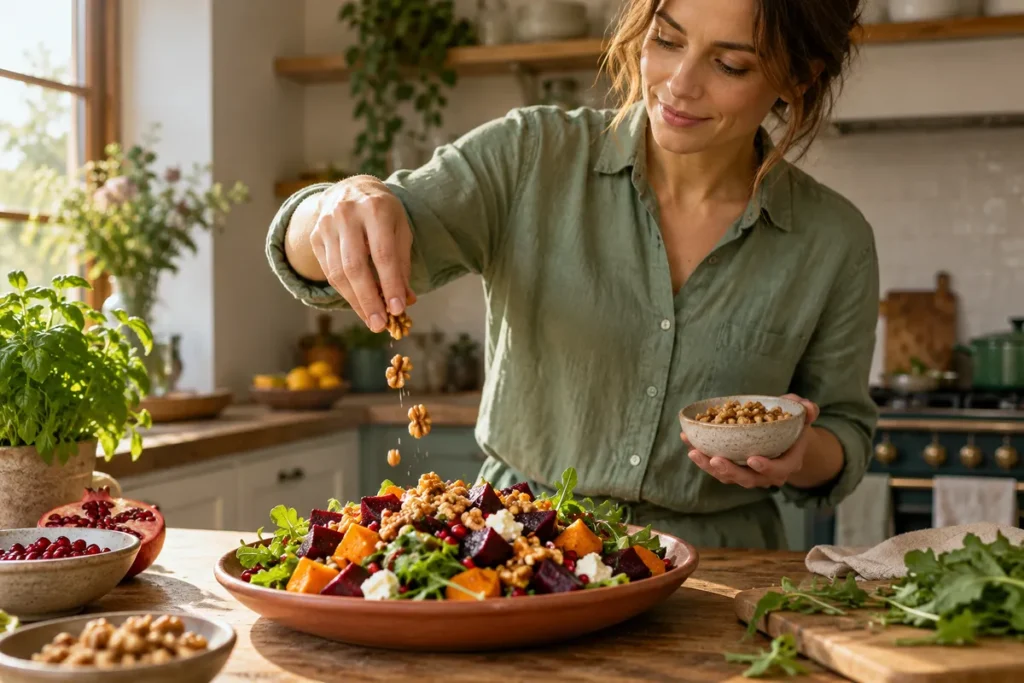 Une adulte verse une petite poignée de cerneaux de noix sur une salade dans une cuisine aux tons sauge et terracotta.
