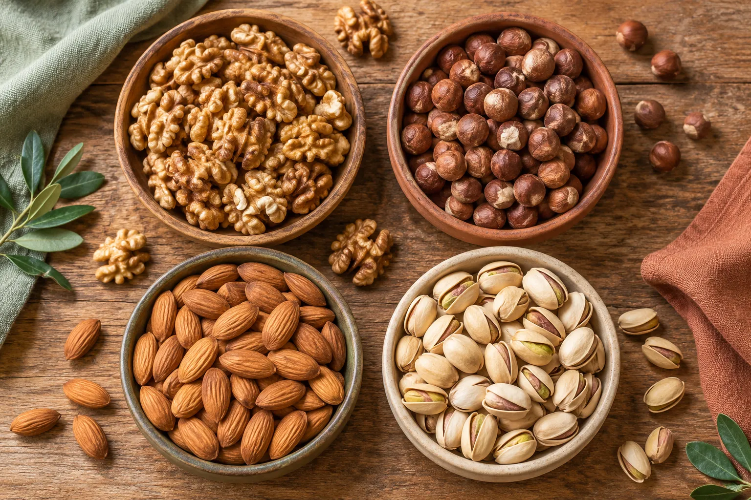 Vue du dessus de noix, noisettes, amandes et pistaches nature disposées dans des récipients sur un étal alimentaire.