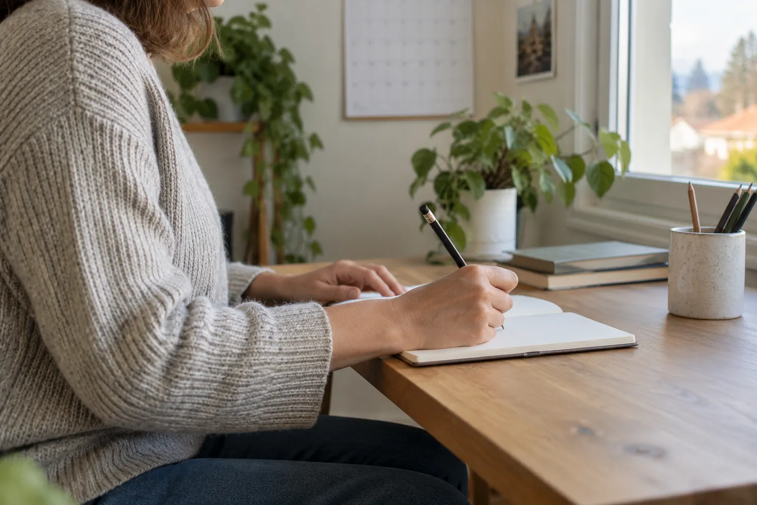 Une personne note des informations dans un carnet chez elle, à côté d’un calendrier.