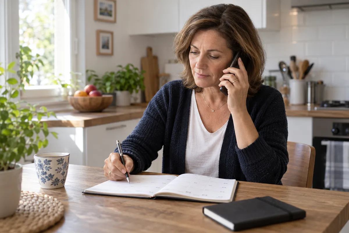Une femme au téléphone consulte un agenda ouvert sur une table.