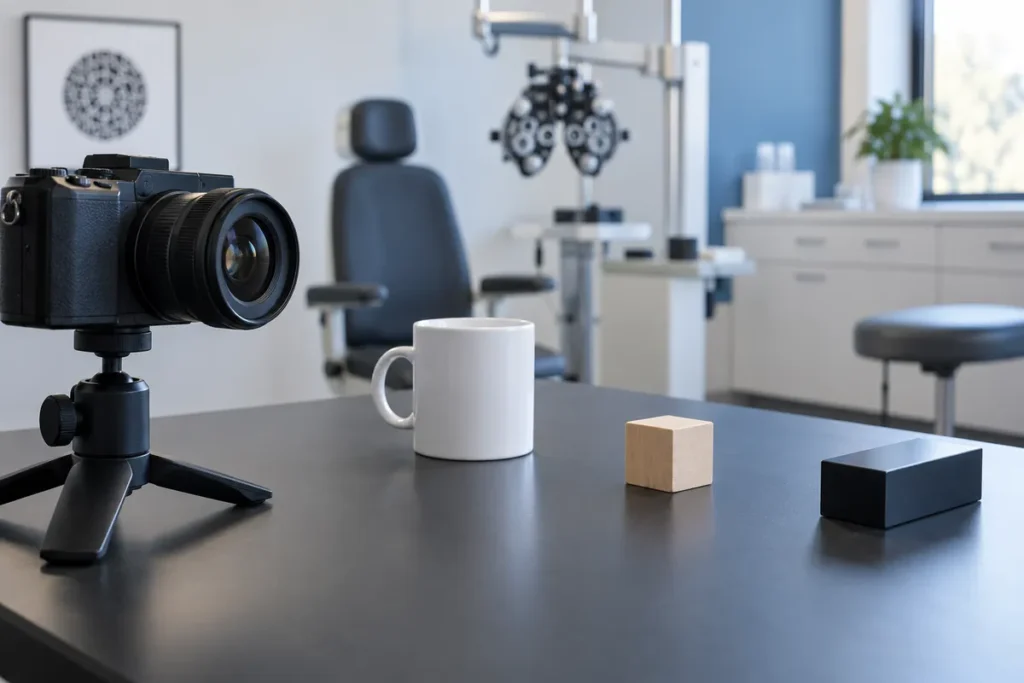 Caméra sur un petit trépied, tasse blanche et blocs contrastés disposés sur une table.