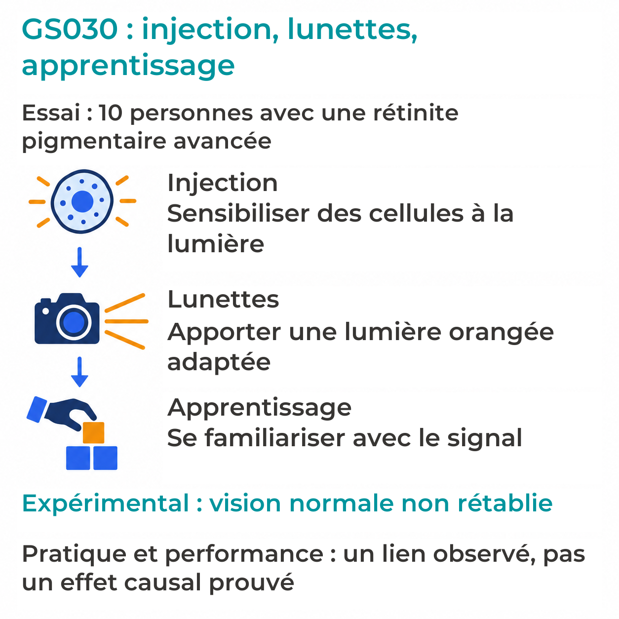 GS030 : injection pour sensibiliser des cellules, lunettes pour la lumière adaptée et apprentissage du signal ; approche expérimentale chez dix personnes avec une rétinite pigmentaire avancée.