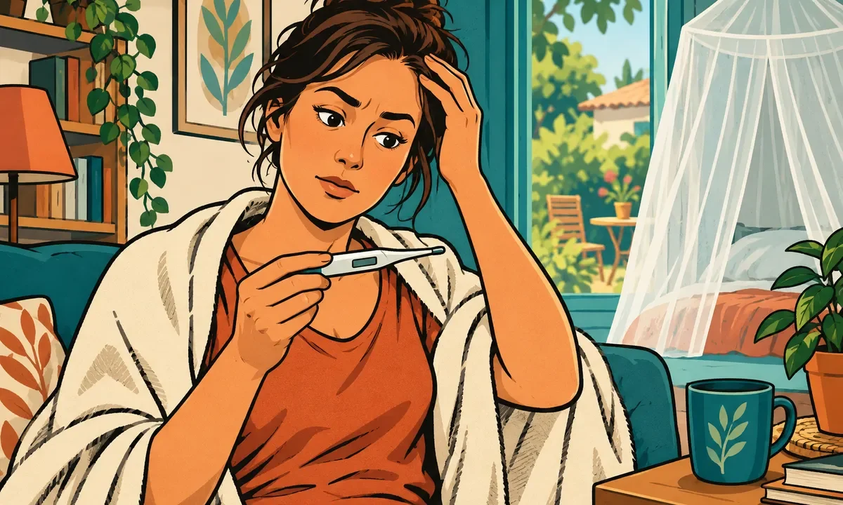 Illustration d’un adulte prenant sa température à domicile, près d’une fenêtre équipée d’une moustiquaire.