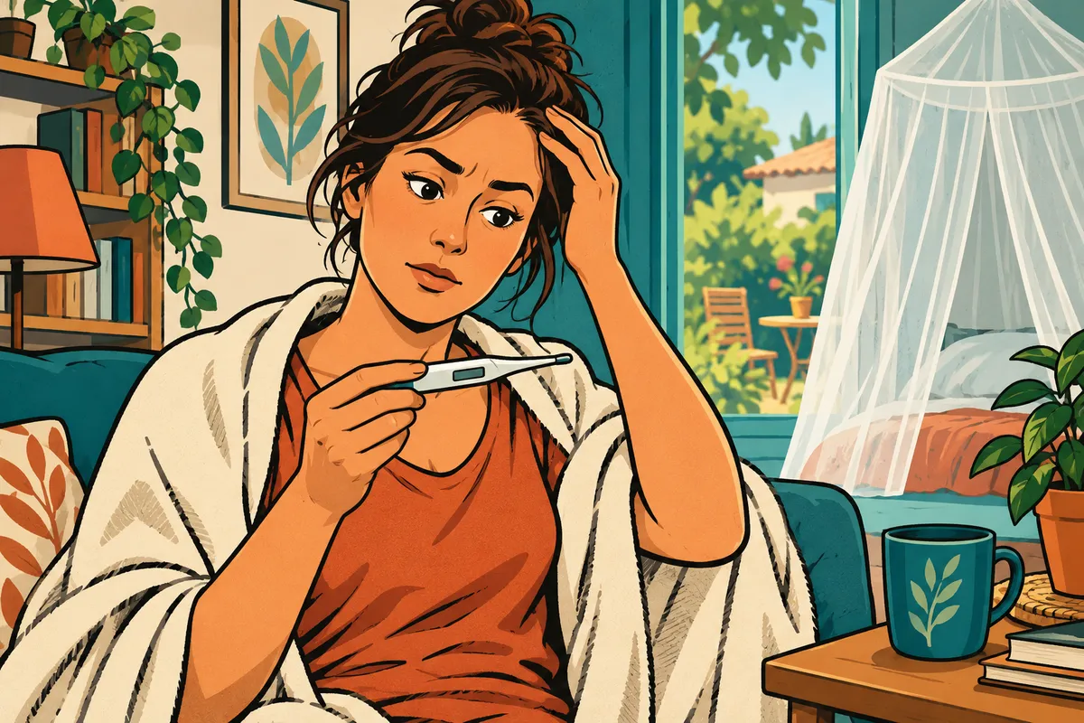 Illustration d’un adulte prenant sa température à domicile, près d’une fenêtre équipée d’une moustiquaire.