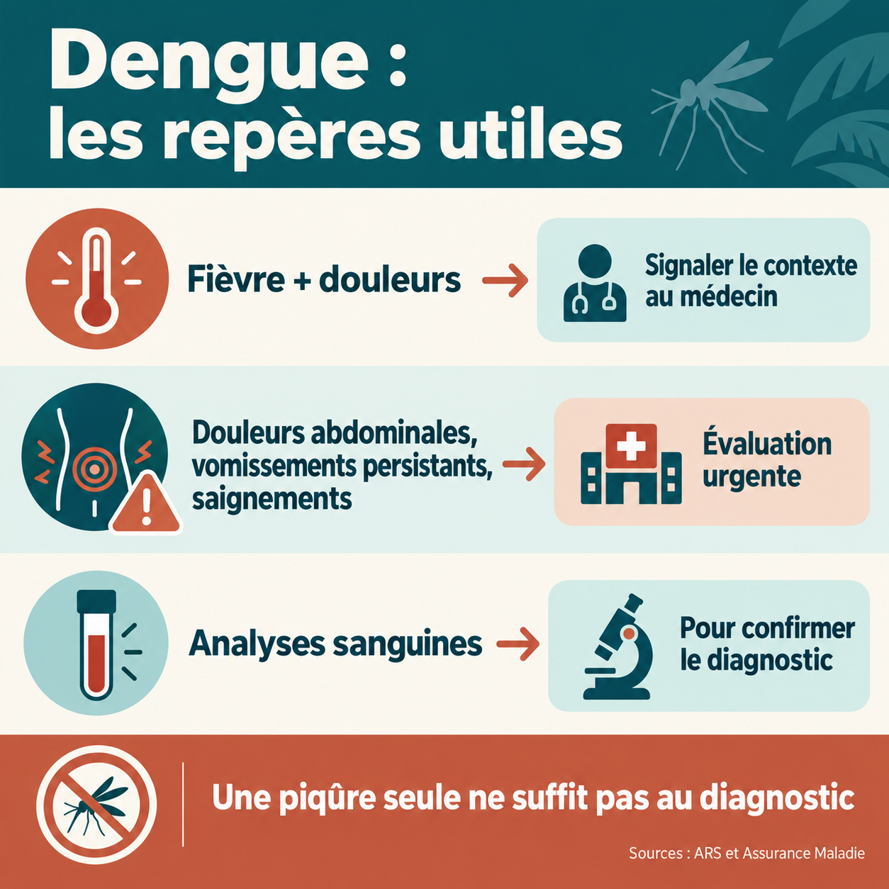 Repères pour demander un avis médical, reconnaître les signes d’alerte et confirmer une dengue par des analyses sanguines.