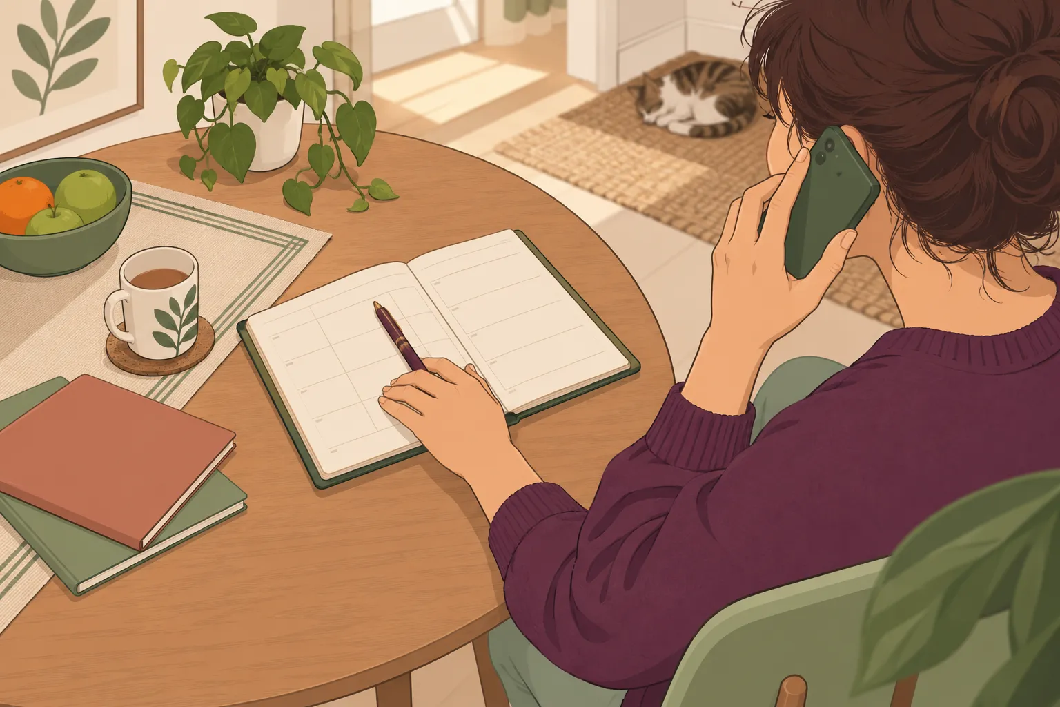 Illustration d’une personne téléphonant près d’un agenda pour préparer un rendez-vous.