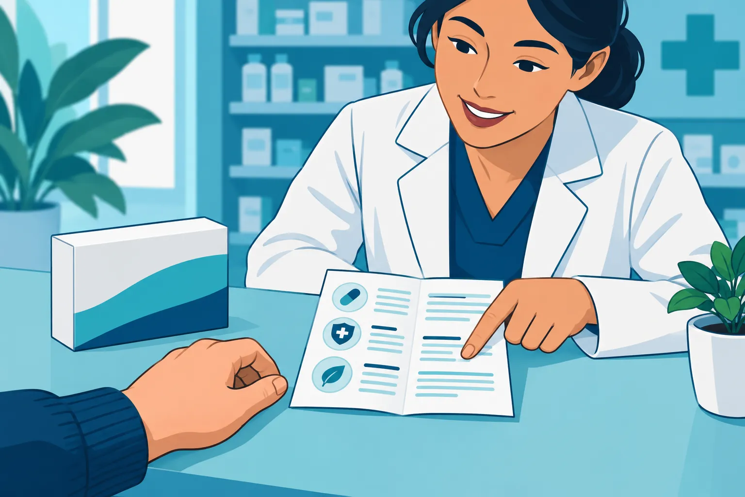 Illustration d’un échange sur la composition d’une présentation exacte de médicament.