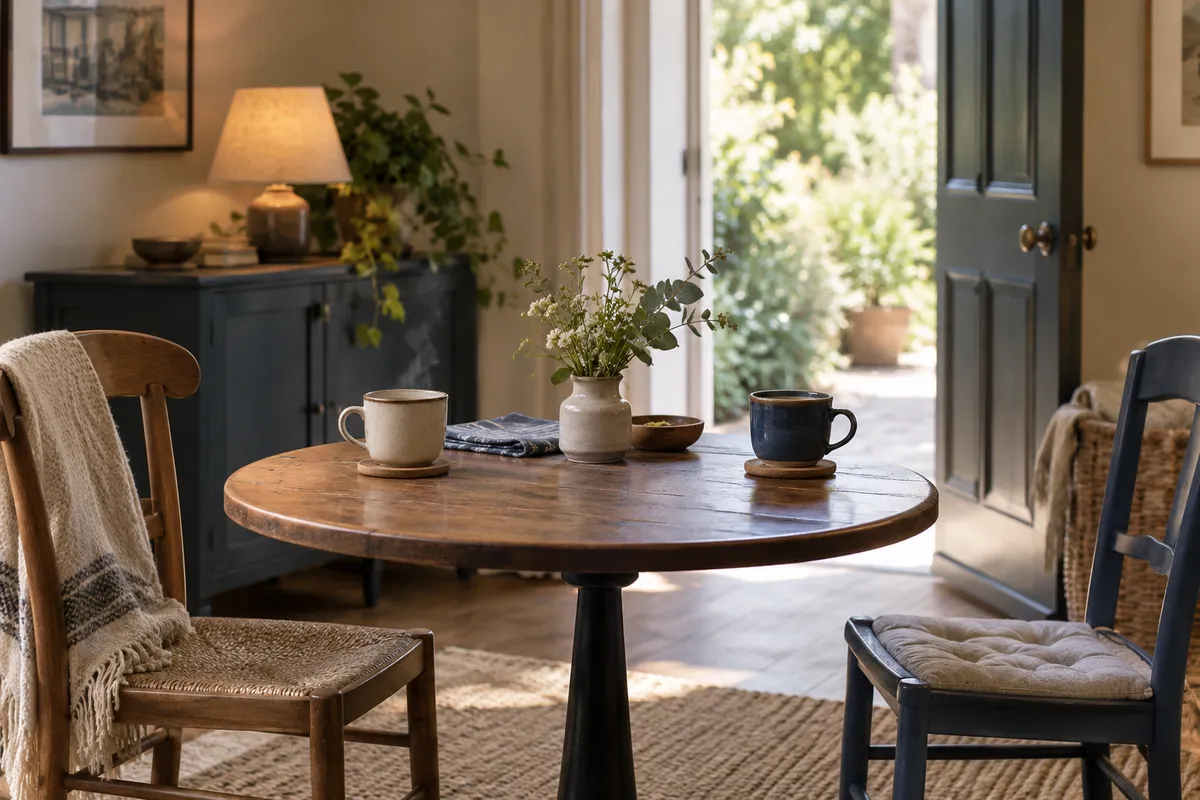 Deux tasses et deux chaises autour d’une petite table dans une pièce calme.