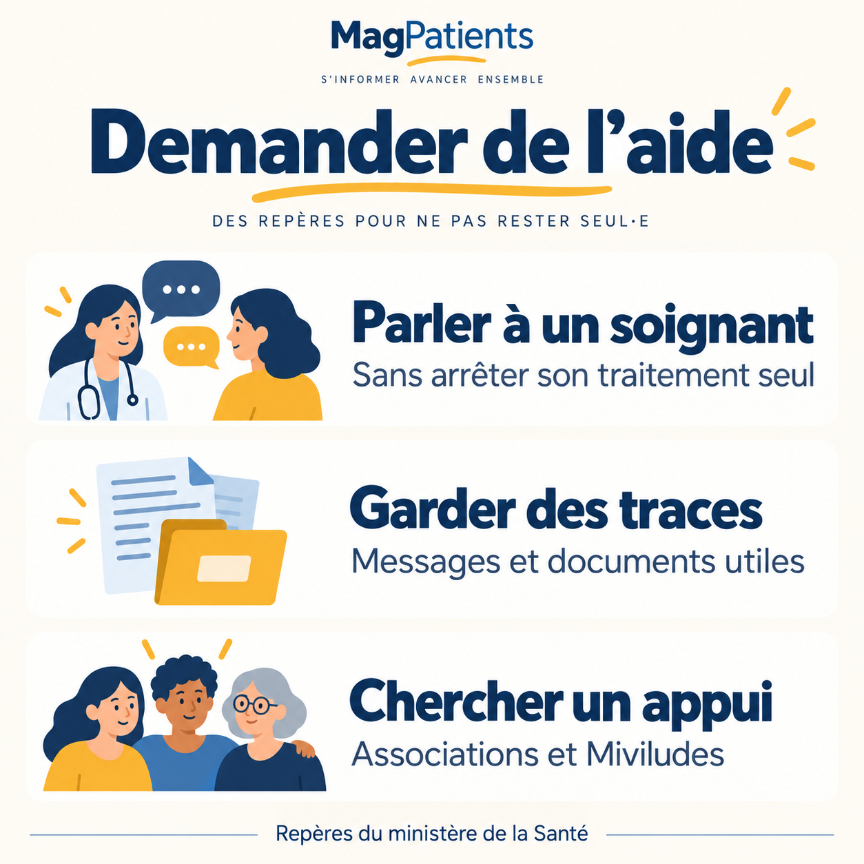 Trois repères pour demander de l’aide : parler à un soignant sans arrêter seul son traitement, garder des traces, chercher un appui associatif.