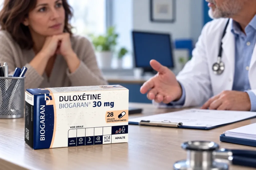 Boîte de duloxétine au premier plan d’une scène de consultation.