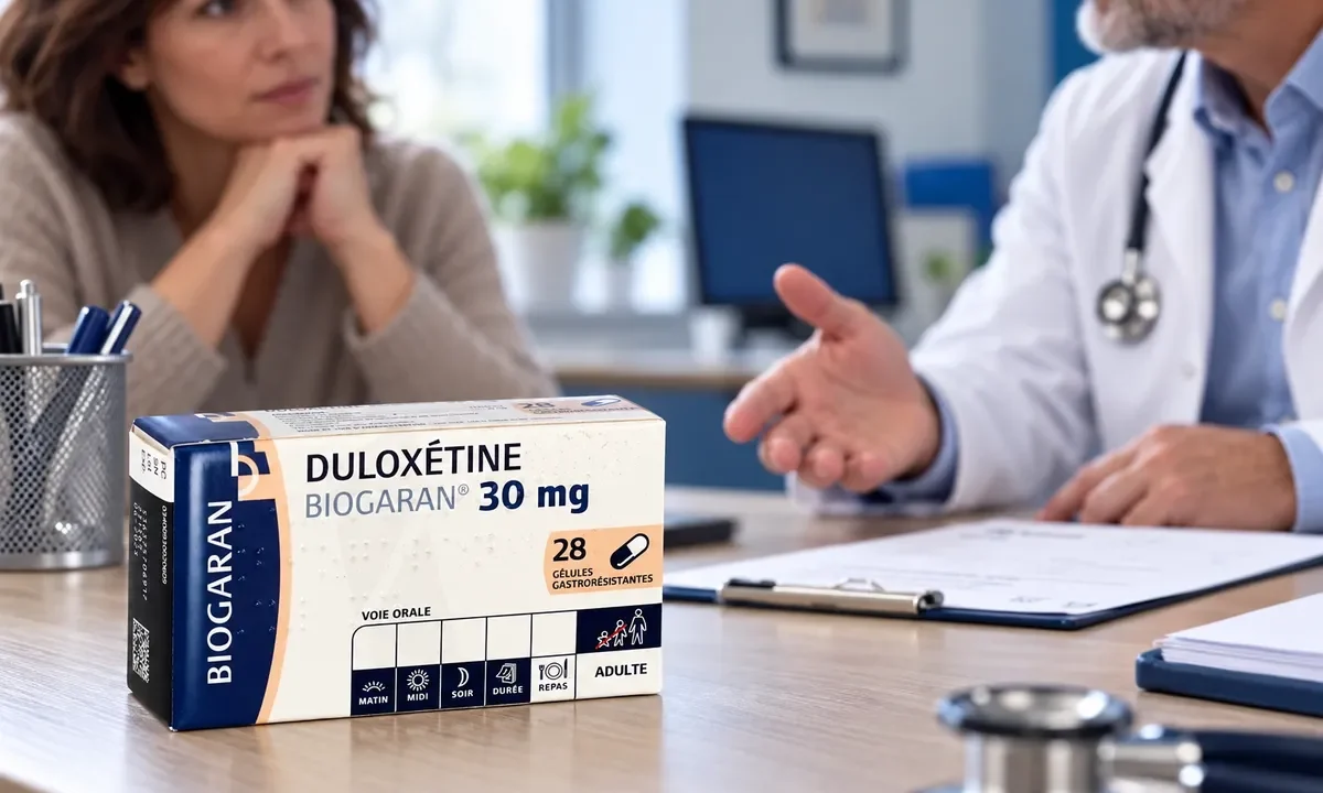 Boîte de duloxétine au premier plan d’une scène de consultation.