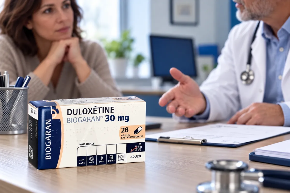 Boîte de duloxétine au premier plan d’une scène de consultation.