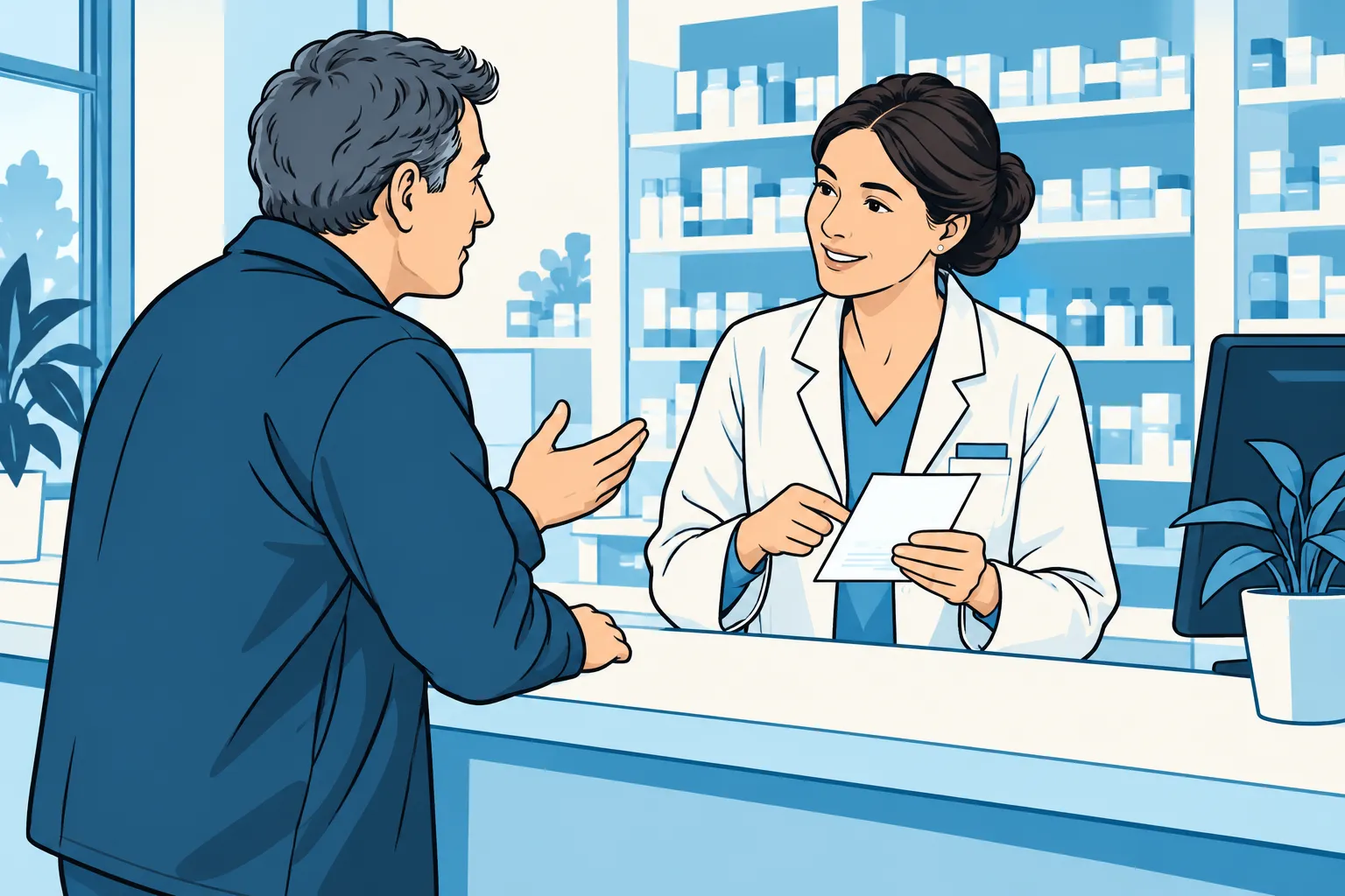 Dessin d’un échange entre une personne et une pharmacienne.
