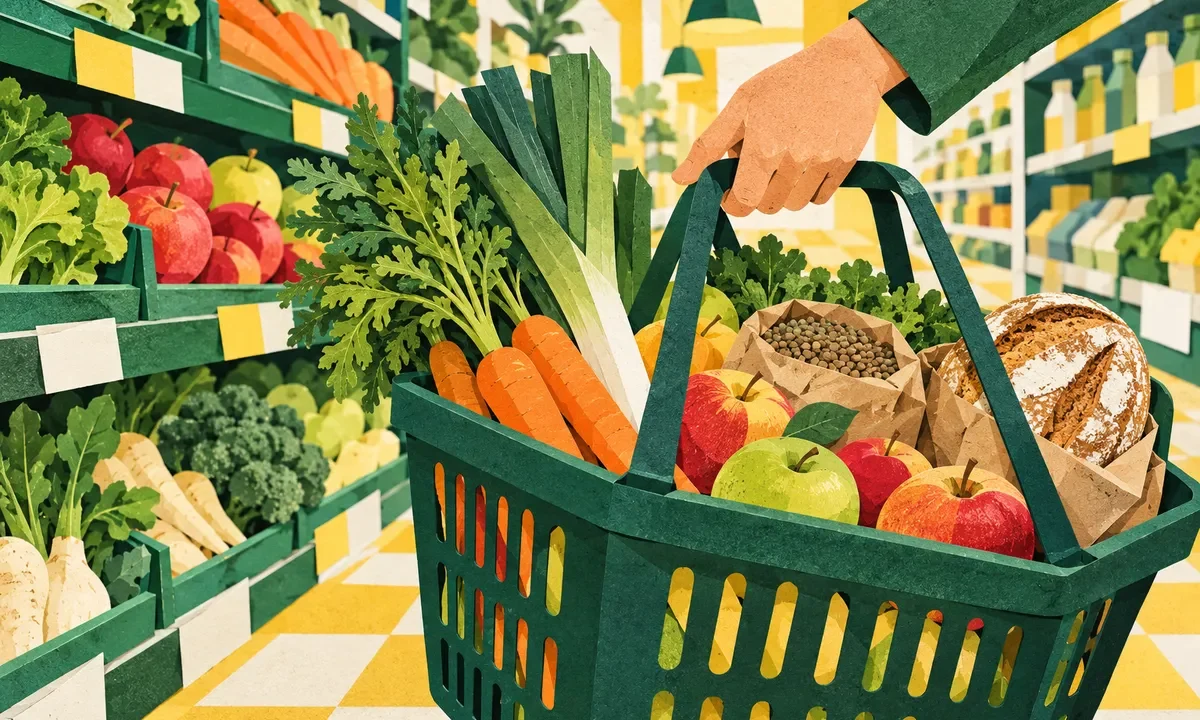Un panier de légumes, de légumineuses et de pain dans un rayon stylisé, avec une main sur l’anse.