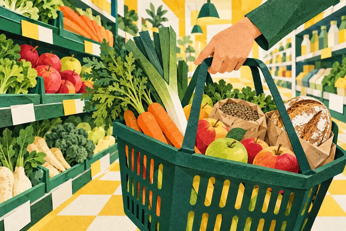 Un panier de légumes, de légumineuses et de pain dans un rayon stylisé, avec une main sur l’anse.