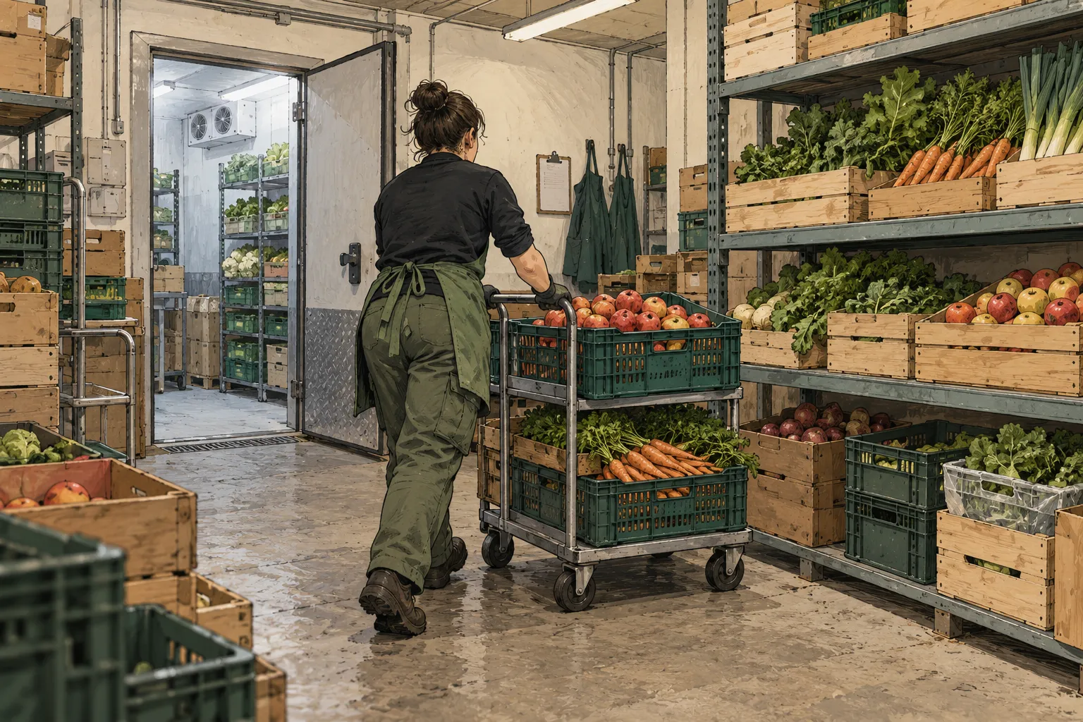 Un employé déplace un chariot de cagettes entre une réserve et les rayons d’un magasin, dans une illustration.