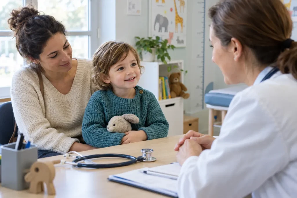 Un jeune enfant avec une accompagnante face à une personne en blouse dans un cabinet de consultation.
