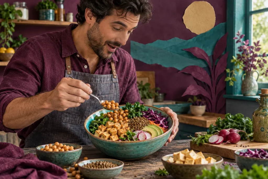 Un homme de profil dispose du tofu, des pois chiches et des lentilles dans un grand bol.