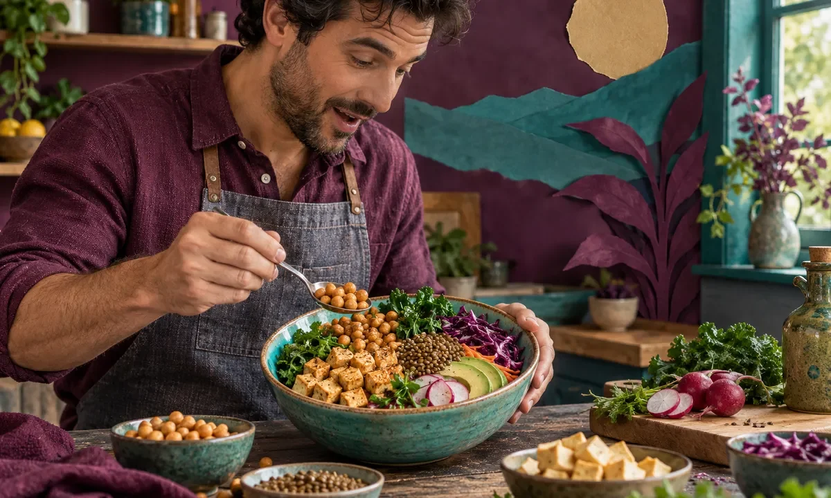 Un homme de profil dispose du tofu, des pois chiches et des lentilles dans un grand bol.