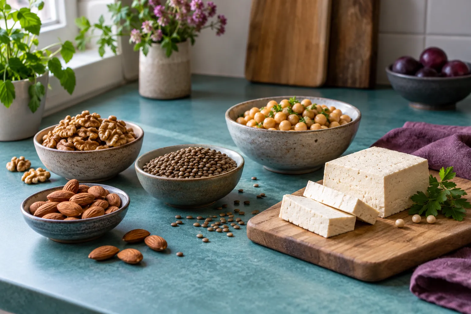 Plusieurs sources végétales dans la cuisine Noix, légumes secs et tofu disposés séparément sur le plan de travail d’une cuisine.
