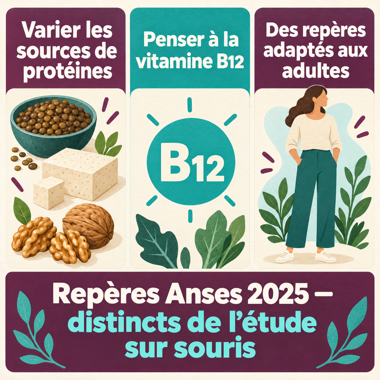 Repères alimentaires humains et étude animale Repères pour adultes : varier les protéines, penser à la vitamine B12, distinguer l’Anses 2025 de l’étude sur souris.