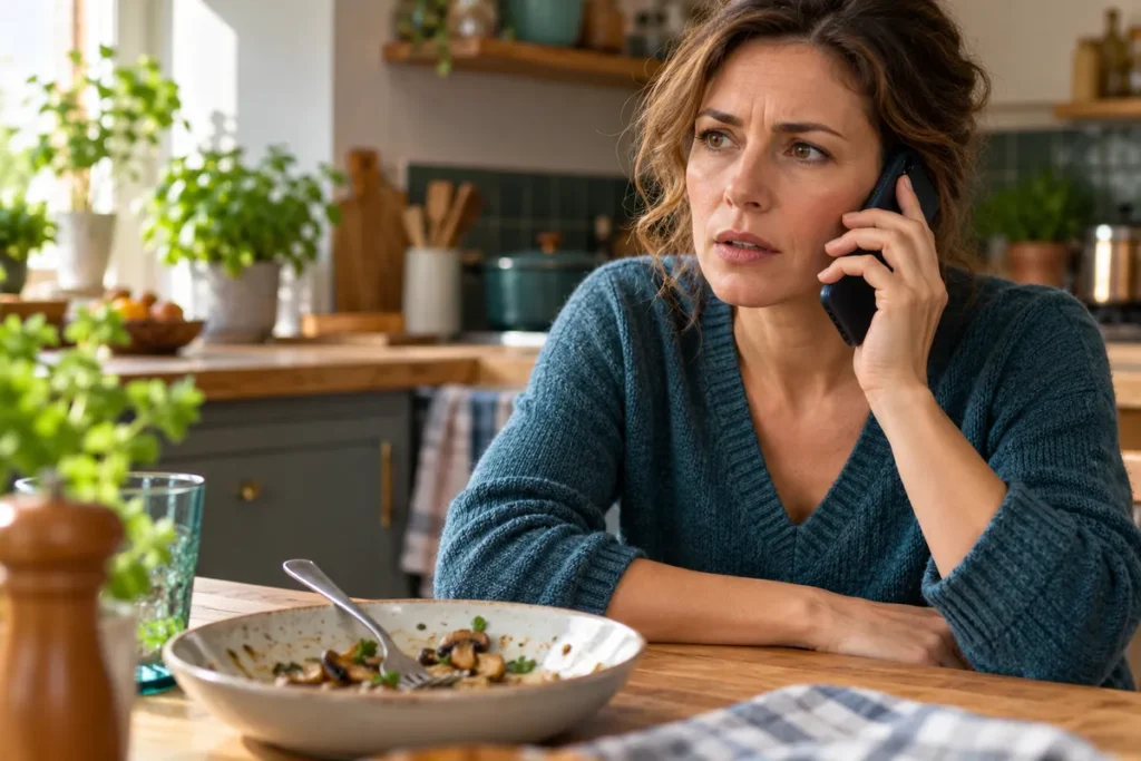 Une adulte téléphone dans une cuisine, un bol de champignons cuisinés en retrait.