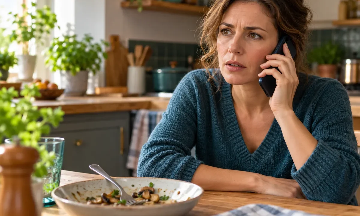 Une adulte téléphone dans une cuisine, un bol de champignons cuisinés en retrait.