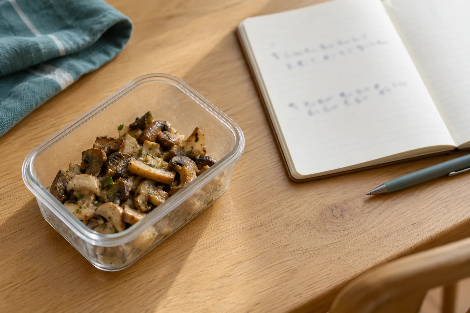 Des restes de champignons cuisinés dans un contenant, à côté d’un carnet et d’un stylo.