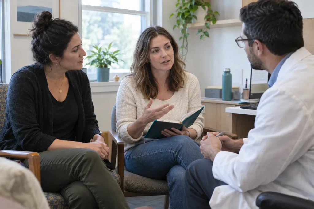 Deux femmes et un professionnel échangent autour d’un carnet dans un cabinet de consultation.